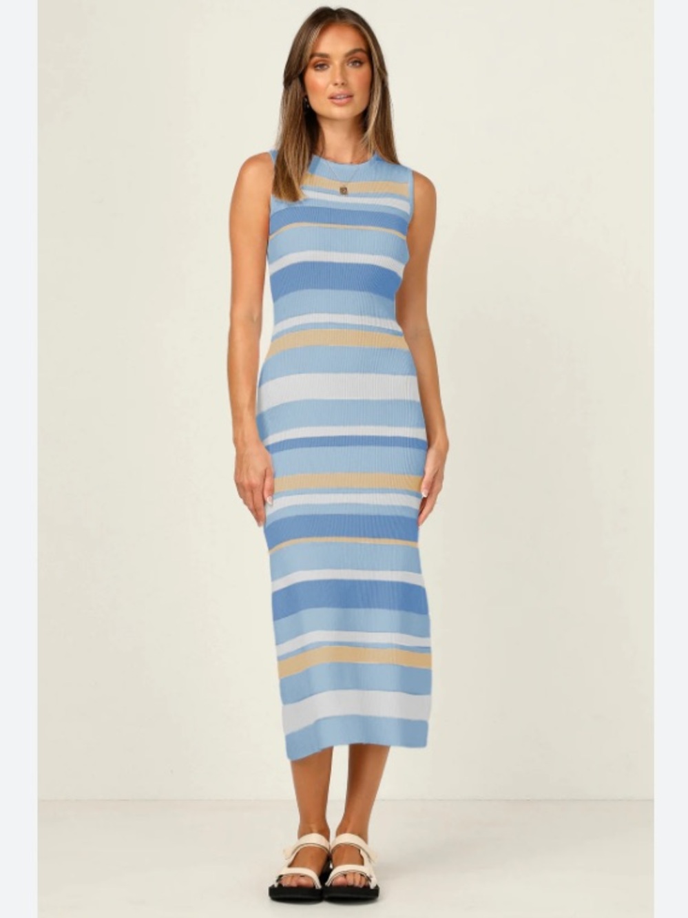 Mint Blue Stripe Rib Knit Sleeveless Midi Dress Size S Coastal Quiet Luxury NWOT